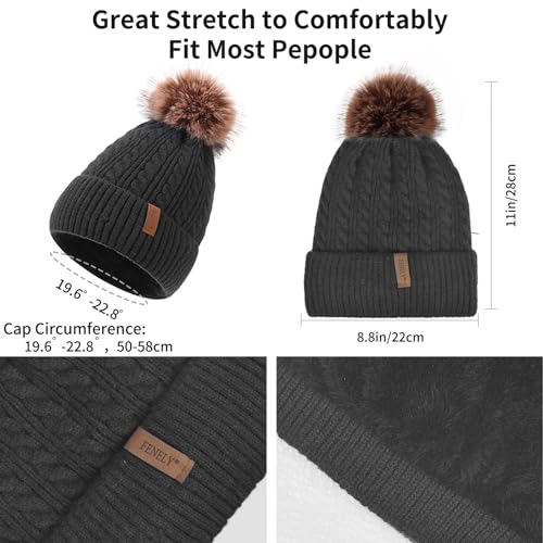 FENELY Womens Winter Beanie Hat Scarf and Gloves Set Girls Cable Beanies with Pompom Knitted Scarf Touch Screen Gloves Sets Ladies Black Knit Thick Warm Soft Fleece Lined Thermal Cap - Image 5