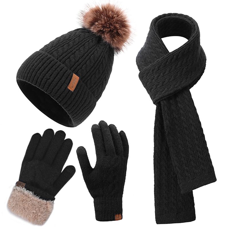 FENELY Womens Winter Beanie Hat Scarf and Gloves Set Girls Cable Beanies with Pompom Knitted Scarf Touch Screen Gloves Sets Ladies Black Knit Thick Warm Soft Fleece Lined Thermal Cap - Image 1