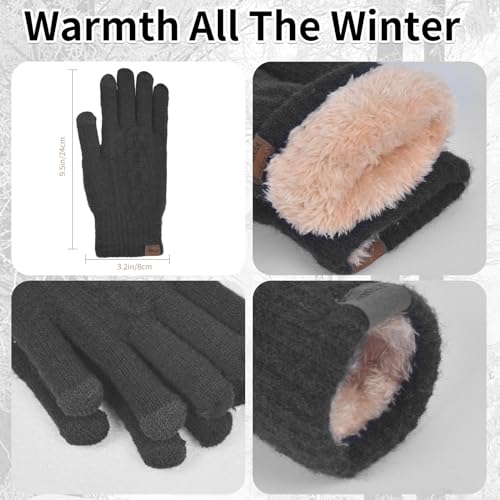 FENELY Womens Winter Beanie Hat Scarf and Gloves Set Girls Cable Beanies with Pompom Knitted Scarf Touch Screen Gloves Sets Ladies Black Knit Thick Warm Soft Fleece Lined Thermal Cap - Image 4