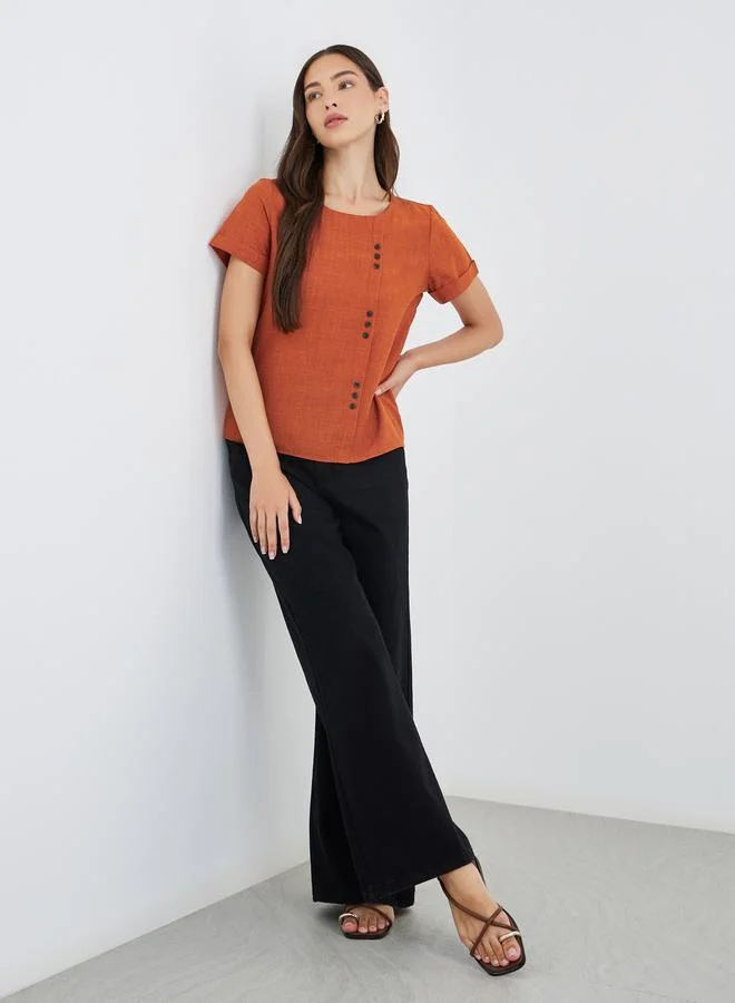 Take Two Take Two Textured Button Detail Short Sleeve Top