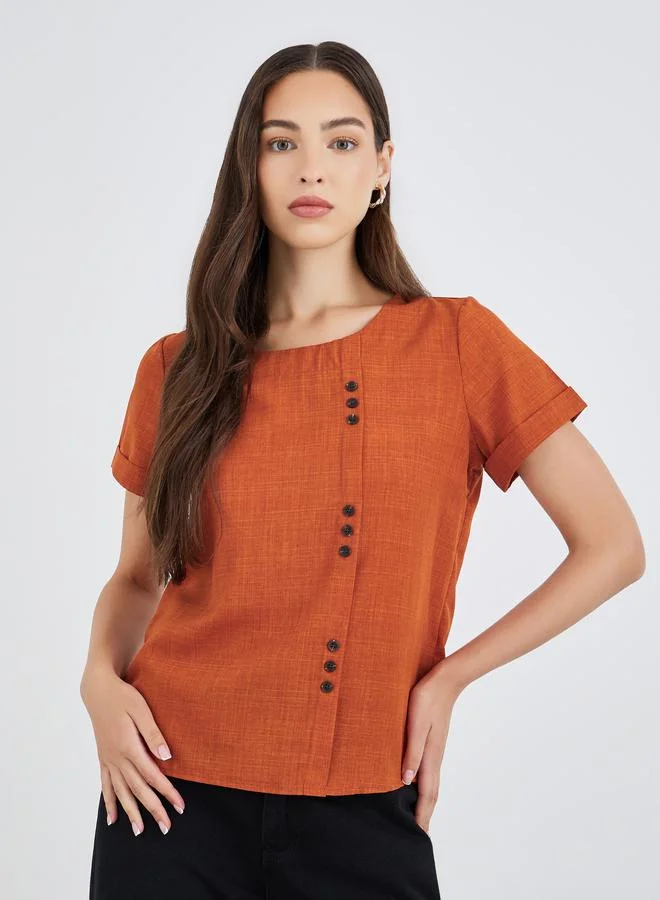 Take Two Take Two Textured Button Detail Short Sleeve Top