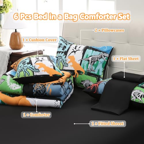 Tasselily 6 Pcs Bed in A Bag Full Comforter Set for Boys Girls, Dinosaur Comforter, Dinosaur Bedding Sets with Sheets for Kids - Image 3