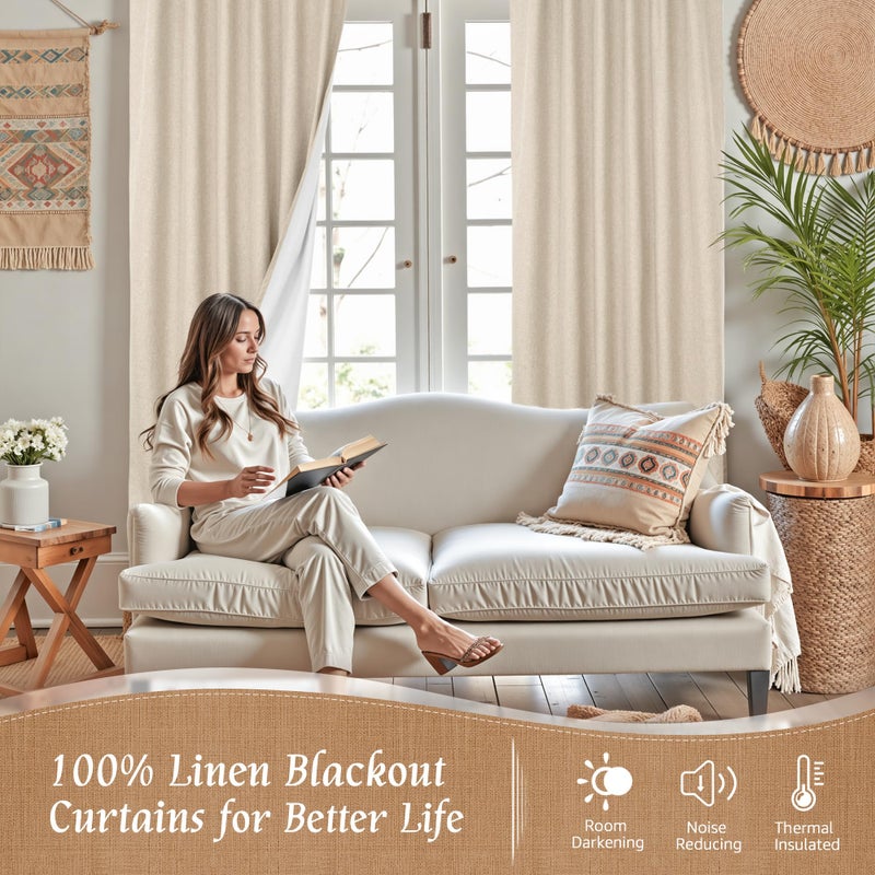 LAMIT 100% Blackout Natural Linen Curtains, 63 Inches Linen Textured Thermal Bedroom Curtains Back Tab and Rod Pocket Neutral Panels with White Liner for Farmhouse, 2 Panels, 52 x 63 Inch - Image 3