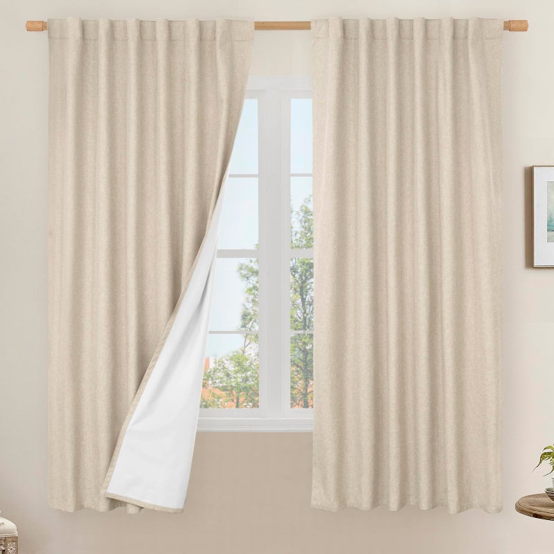 LAMIT 100% Blackout Natural Linen Curtains, 63 Inches Linen Textured Thermal Bedroom Curtains Back Tab and Rod Pocket Neutral Panels with White Liner for Farmhouse, 2 Panels, 52 x 63 Inch - Image 1