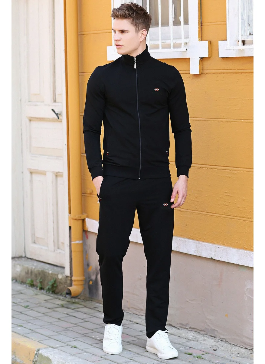 Tommy Life Black Men's Stand Collar Zippered Slim Fit Classic Leg Tracksuit-85072