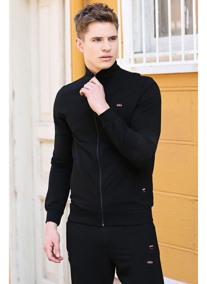Tommy Life Black Men's Stand Collar Zippered Slim Fit Classic Leg Tracksuit-85072