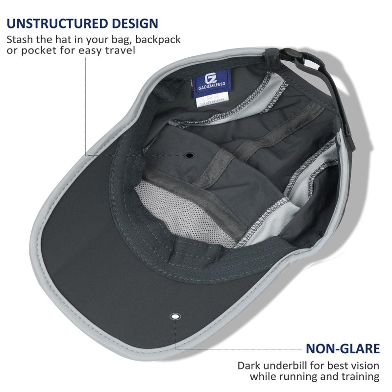 GADIEMKENSD Sport Hat 50+ UPF Inhibit UV Lightweight Baseball Cap Quick Drying Reflective Foldable Cap Water Repellency with Mesh Race Suitable for Men Woman Running Outdoor Activity Cap Dark Gray - Image 4