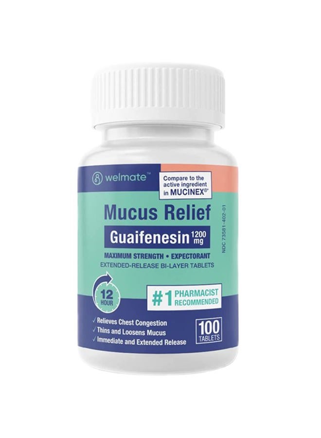 WELMATE Mucus Relief | Guaifenesin 1200 Mg Maximum Strength | 100 Count Extended-Release Bi-Layer Tablets - Image 1