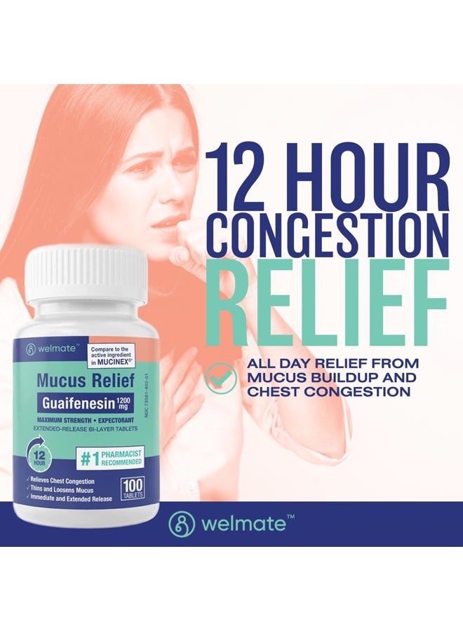 WELMATE Mucus Relief | Guaifenesin 1200 Mg Maximum Strength | 100 Count Extended-Release Bi-Layer Tablets - Image 2