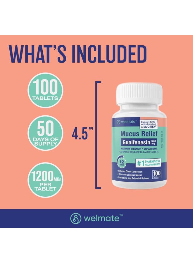 WELMATE Mucus Relief | Guaifenesin 1200 Mg Maximum Strength | 100 Count Extended-Release Bi-Layer Tablets - Image 5
