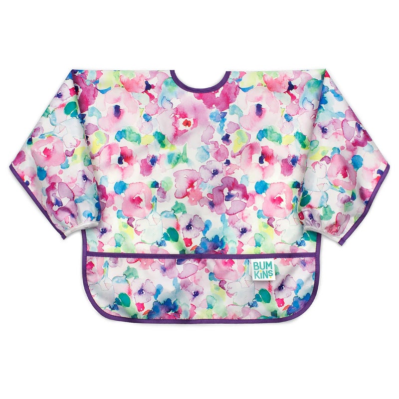 Bumkins Sleeved Bib for Girl or Boy, Baby and Toddler for 6-24 Mos, Essential Must Have for Eating, Feeding, Baby Led Weaning, Long Sleeve Mess Saving Food Catcher, Soft Fabric, Watercolors Floral - Image 1