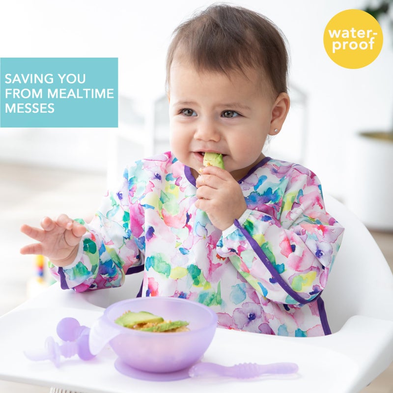 Bumkins Sleeved Bib for Girl or Boy, Baby and Toddler for 6-24 Mos, Essential Must Have for Eating, Feeding, Baby Led Weaning, Long Sleeve Mess Saving Food Catcher, Soft Fabric, Watercolors Floral - Image 2