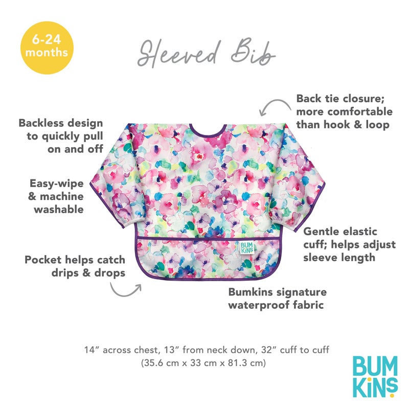 Bumkins Sleeved Bib for Girl or Boy, Baby and Toddler for 6-24 Mos, Essential Must Have for Eating, Feeding, Baby Led Weaning, Long Sleeve Mess Saving Food Catcher, Soft Fabric, Watercolors Floral - Image 5