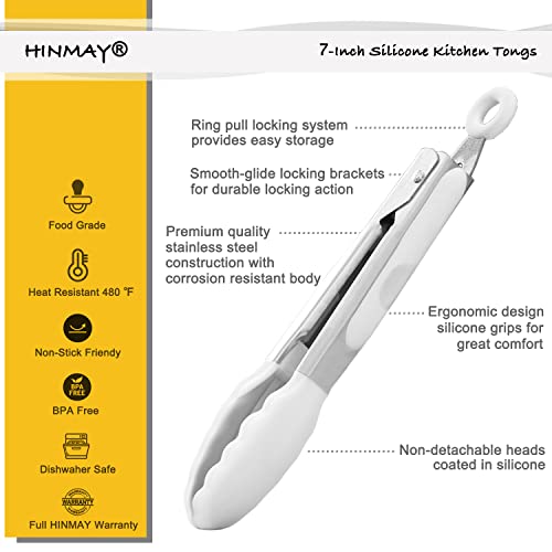 HINMAY Mini Tongs with Silicone Tips 7-Inch Serving Tongs, Set of 3 (White) - Image 4