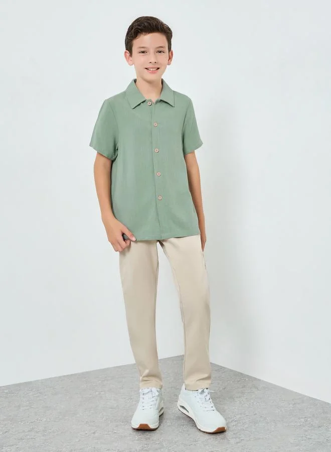 Styli Boys Green Collared Short Sleeve Shirt