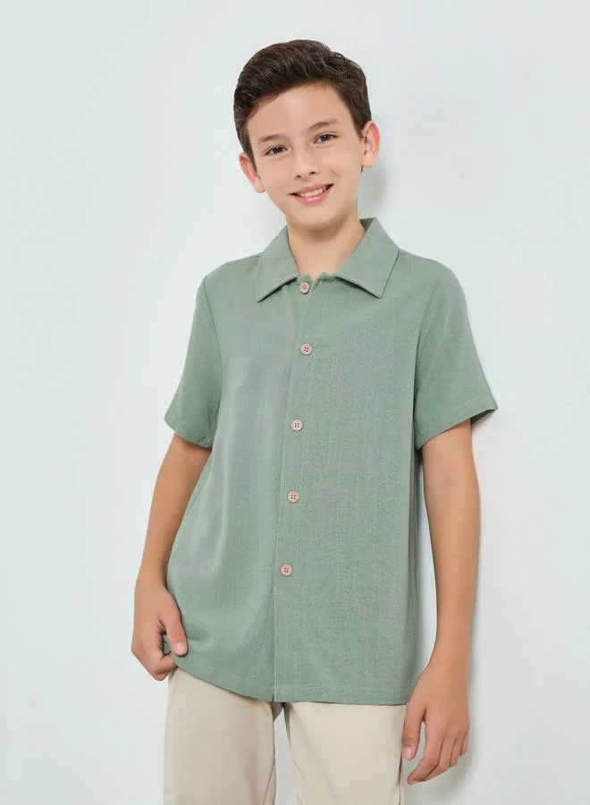 Styli Boys Green Collared Short Sleeve Shirt
