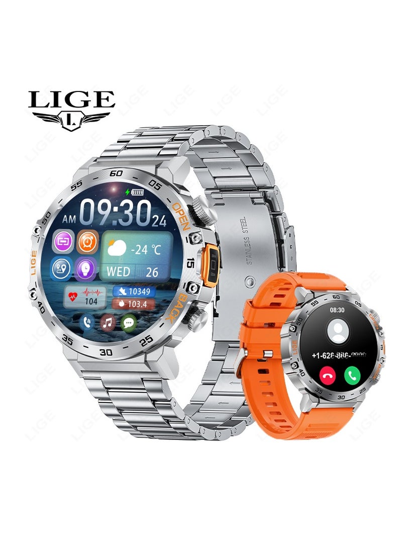 LIGE 1.53'' TFT Full Touch Screen 290 mAh Big Battery Sports Smart watches for Men Bluetooth Call Waterproof with LED Flashlight Function Silver & Orange Straps - Image 1