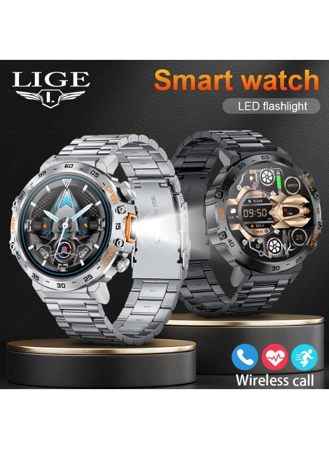 LIGE 1.53'' TFT Full Touch Screen 290 mAh Big Battery Sports Smart watches for Men Bluetooth Call Waterproof with LED Flashlight Function Silver & Orange Straps - Image 3