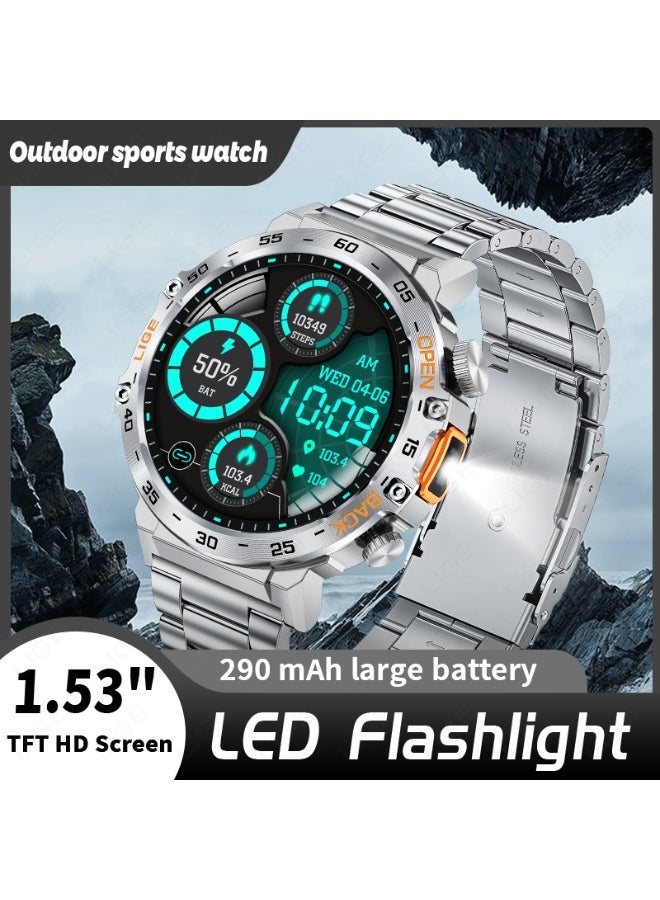 LIGE 1.53'' TFT Full Touch Screen 290 mAh Big Battery Sports Smart watches for Men Bluetooth Call Waterproof with LED Flashlight Function Silver & Orange Straps - Image 4