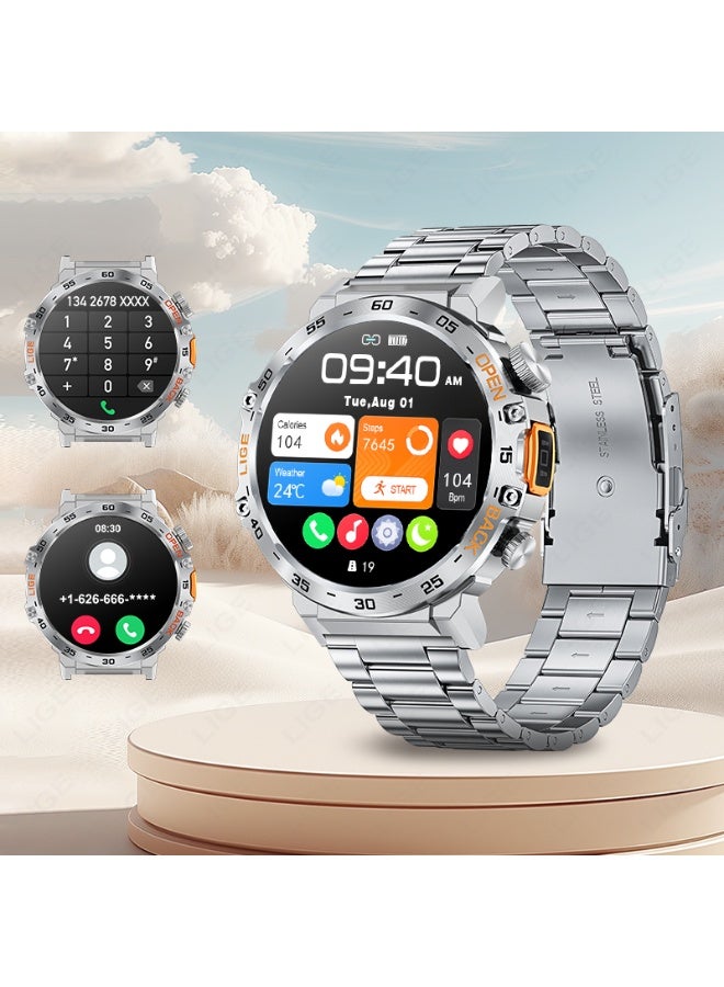 LIGE 1.53'' TFT Full Touch Screen 290 mAh Big Battery Sports Smart watches for Men Bluetooth Call Waterproof with LED Flashlight Function Silver & Orange Straps - Image 5