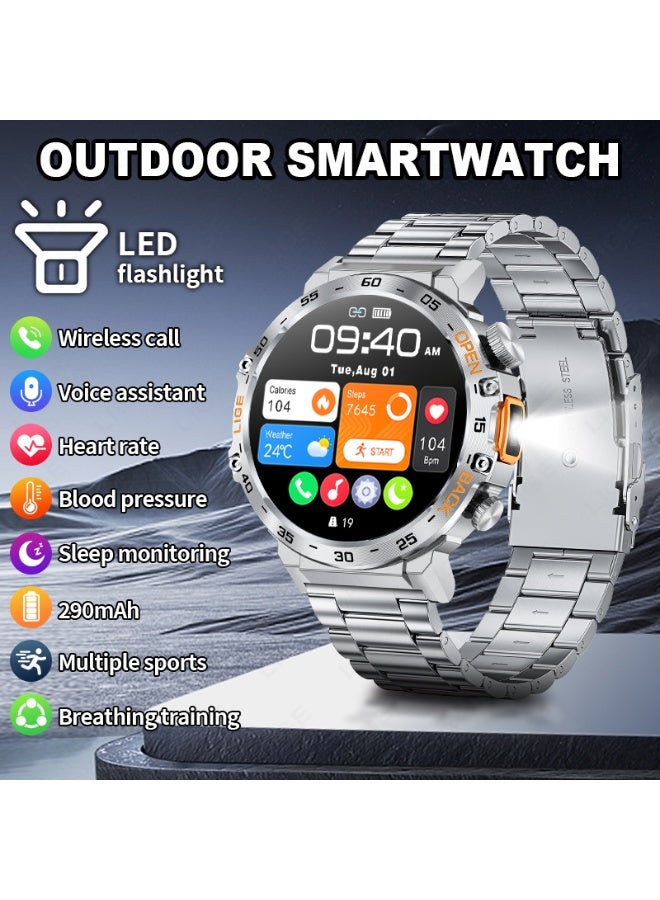 LIGE 1.53'' TFT Full Touch Screen 290 mAh Big Battery Sports Smart watches for Men Bluetooth Call Waterproof with LED Flashlight Function Silver & Orange Straps - Image 2