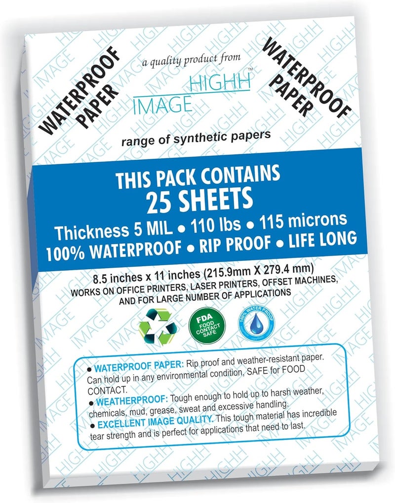 HIGHH IMAGE WATERPROOF PAPER 8.5X11 THICKNESS 5 MIL 110 LB, 25 SHEETS Non-Tear PAPER, DURABLE LASER PRINTER PAPER - Image 1
