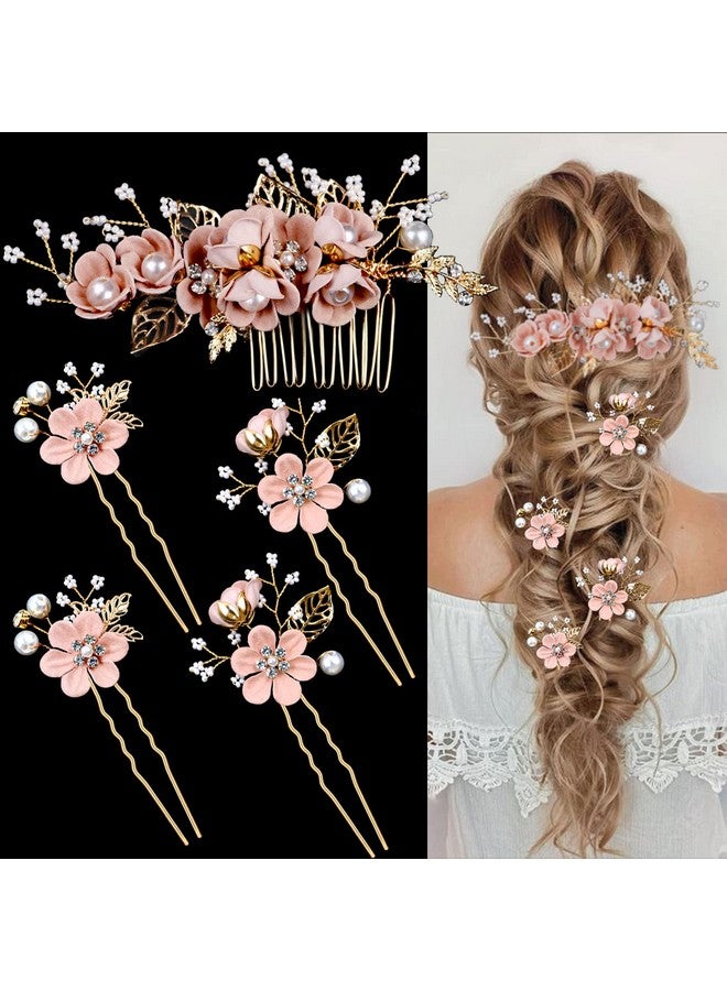 لابوهي 5 قطع من دبابيس شعر الزفاف على شكل زهرة الزفاف ومشابك شعر من اللؤلؤ الكريستالي ومشابك شعر ذهبية لحفلات الزفاف مع حجر الراين للعرائس ووصيفات العروس والنساء والفتيات أوبدو (أزهار الكرز الوردي) - Image 1