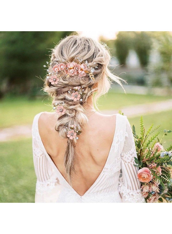 لابوهي 5 قطع من دبابيس شعر الزفاف على شكل زهرة الزفاف ومشابك شعر من اللؤلؤ الكريستالي ومشابك شعر ذهبية لحفلات الزفاف مع حجر الراين للعرائس ووصيفات العروس والنساء والفتيات أوبدو (أزهار الكرز الوردي) - Image 2