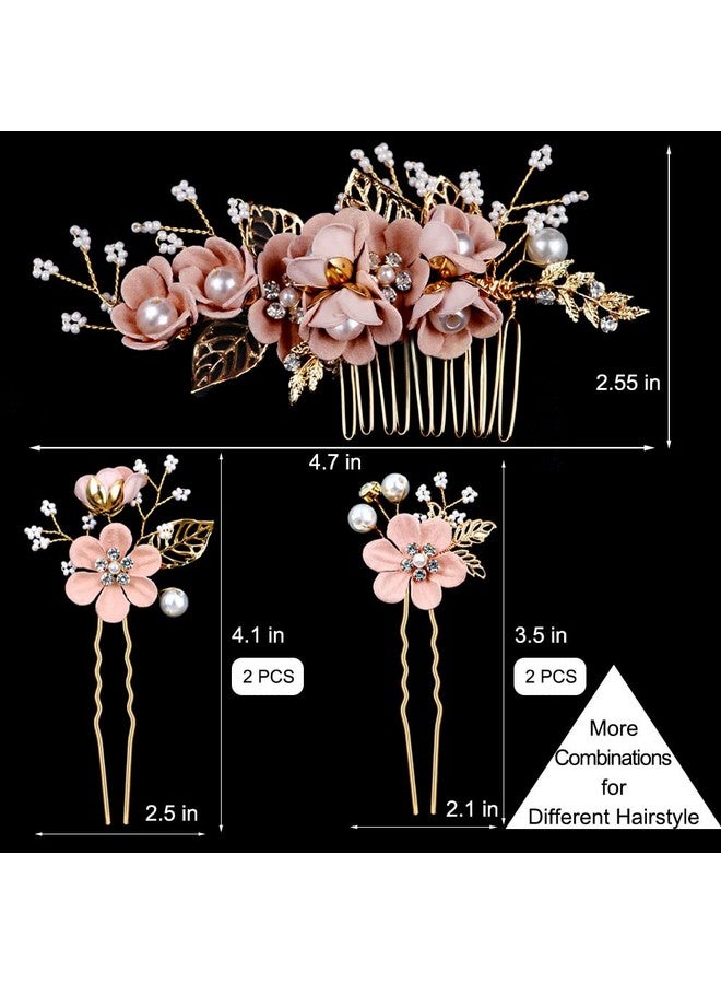 لابوهي 5 قطع من دبابيس شعر الزفاف على شكل زهرة الزفاف ومشابك شعر من اللؤلؤ الكريستالي ومشابك شعر ذهبية لحفلات الزفاف مع حجر الراين للعرائس ووصيفات العروس والنساء والفتيات أوبدو (أزهار الكرز الوردي) - Image 3
