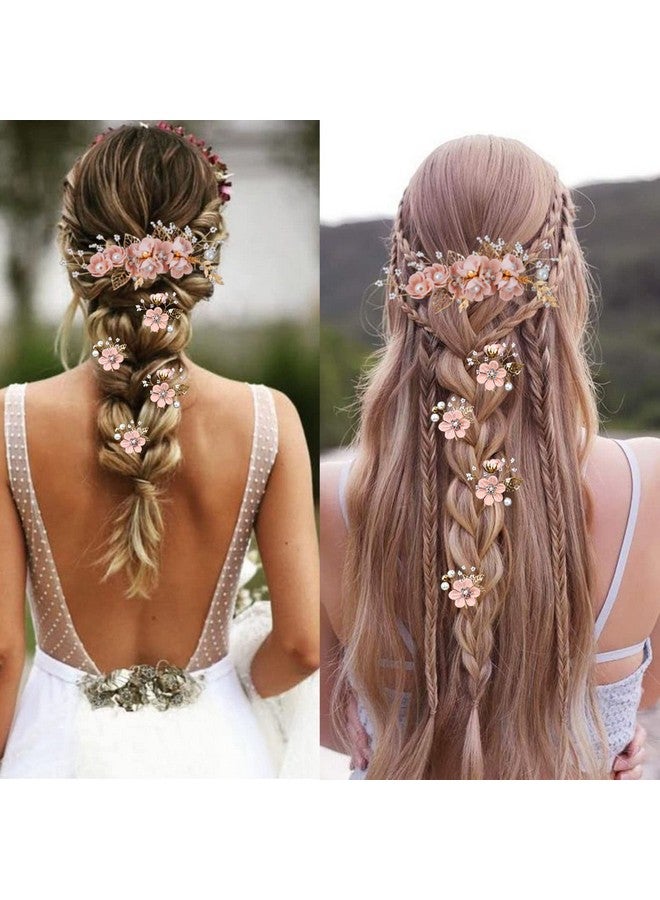 لابوهي 5 قطع من دبابيس شعر الزفاف على شكل زهرة الزفاف ومشابك شعر من اللؤلؤ الكريستالي ومشابك شعر ذهبية لحفلات الزفاف مع حجر الراين للعرائس ووصيفات العروس والنساء والفتيات أوبدو (أزهار الكرز الوردي) - Image 5