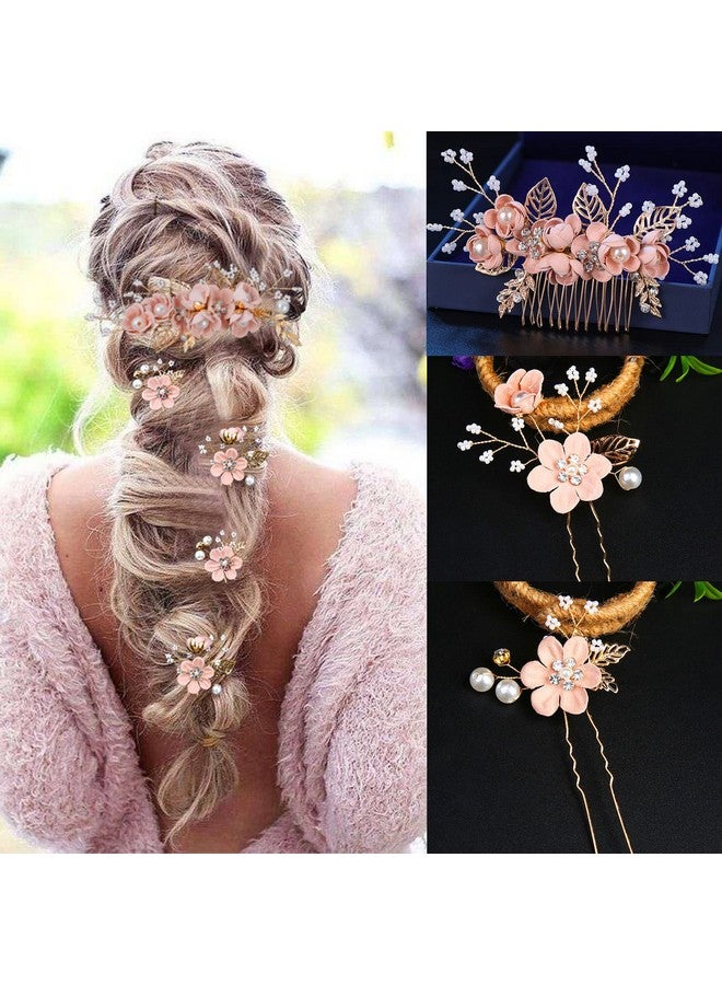 لابوهي 5 قطع من دبابيس شعر الزفاف على شكل زهرة الزفاف ومشابك شعر من اللؤلؤ الكريستالي ومشابك شعر ذهبية لحفلات الزفاف مع حجر الراين للعرائس ووصيفات العروس والنساء والفتيات أوبدو (أزهار الكرز الوردي) - Image 4