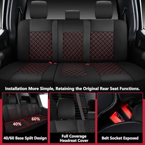 WENNFOUR F150 Seat Covers 2015-2026 Full Set, Truck Interior Sets with Lumbar Support Custom Fit for Ford F150 2015-2026, F250/F350/F450 2017-2026 Super Duty Crew Cab XLT XL Lariat Platinum, BlackRed - Image 3