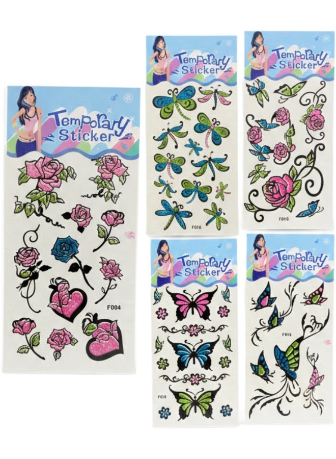 مجموعة ملصقات تاتو وشم مؤقت جليتر لامع للأطفال والبنات 5 قطع تصاميم فراشات ملونة وزهور وردية وقلوب ويعسوب فنية زاهية لاصقة للجسم والسيراميك والزجاج والمعدن مضادة للماء سهلة الاستخدام والإزالة لمناسبات الحفلات وأعياد الميلاد والمدرسة اكسسوارات تجميلية آمنة ومبتكرة موديلات F004-F011-F015-F016-F020