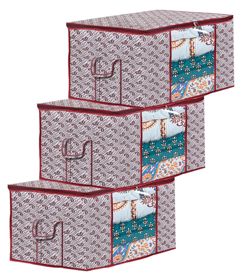Kuber Industries Paisley Design Nonwoven Foldable UnderbedStorage BagWardrobe Organizer With Transparent Window Pack of 3 White44KM0469 - Image 1