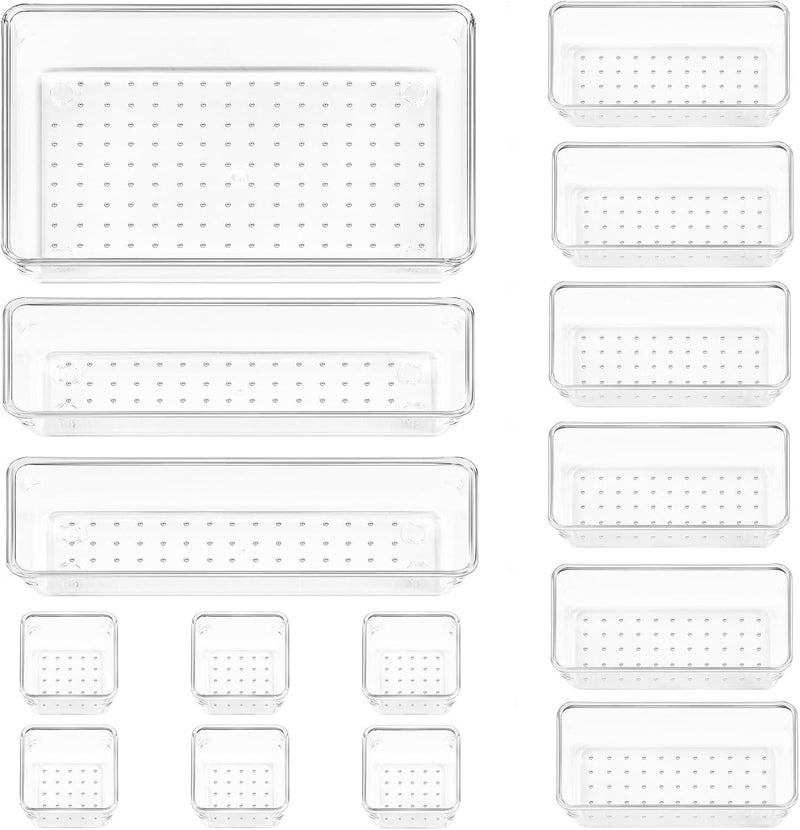 15 Pcs Drawer Organiser System with 4 Sizes, Clear Plastic Dressing Table Drawer Organiser, Can be Used for Makeup, Kitchen, Bathroom, Office - Image 1