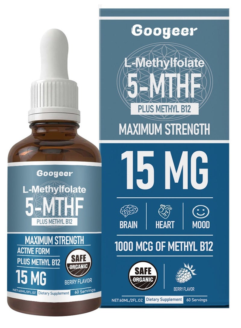 Organic Methyl Folate 15mg | Plus Methyl B12 Cofactor – Cherry Flavor, Professional Strength, Liquid Sublingual, Active 5-MTHF Form - Supports Mood, Homocysteine Methylation, Cognition (60 ml)
