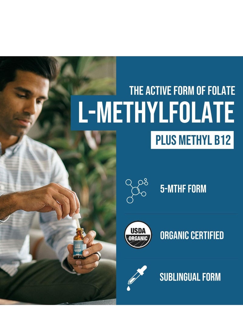 Organic Methyl Folate 15mg | Plus Methyl B12 Cofactor – Cherry Flavor, Professional Strength, Liquid Sublingual, Active 5-MTHF Form - Supports Mood, Homocysteine Methylation, Cognition (60 ml)