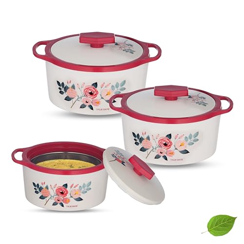 Trueware Floraa Casserole | Inner Steel Outer Plastic | Airtight | Red |Set of 3 | 600, 800 & 1100 ML | BPA Free | 100% Food Grade | Serving Casserole| Ideal for Chapatti | Roti | Curd Maker |Hot Pot - Image 1