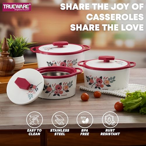 Trueware Floraa Casserole | Inner Steel Outer Plastic | Airtight | Red |Set of 3 | 600, 800 & 1100 ML | BPA Free | 100% Food Grade | Serving Casserole| Ideal for Chapatti | Roti | Curd Maker |Hot Pot - Image 5