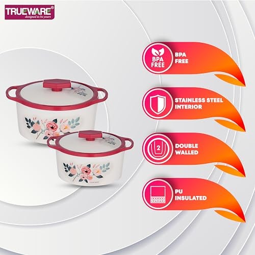 Trueware Floraa Casserole | Inner Steel Outer Plastic | Airtight | Red |Set of 3 | 600, 800 & 1100 ML | BPA Free | 100% Food Grade | Serving Casserole| Ideal for Chapatti | Roti | Curd Maker |Hot Pot - Image 3