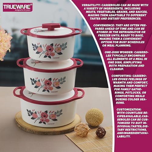 Trueware Floraa Casserole | Inner Steel Outer Plastic | Airtight | Red |Set of 3 | 600, 800 & 1100 ML | BPA Free | 100% Food Grade | Serving Casserole| Ideal for Chapatti | Roti | Curd Maker |Hot Pot - Image 4