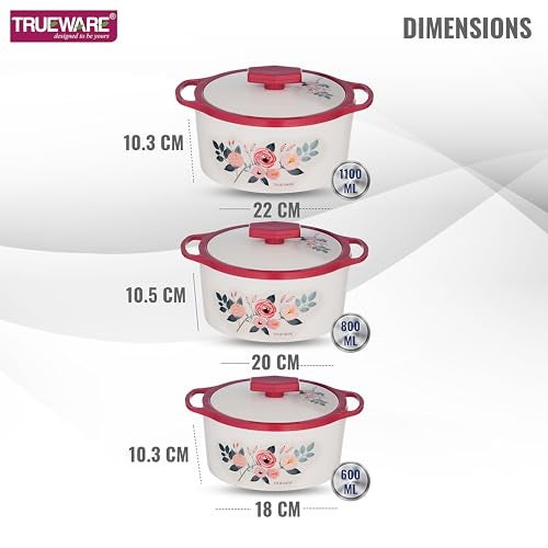 Trueware Floraa Casserole | Inner Steel Outer Plastic | Airtight | Red |Set of 3 | 600, 800 & 1100 ML | BPA Free | 100% Food Grade | Serving Casserole| Ideal for Chapatti | Roti | Curd Maker |Hot Pot - Image 2
