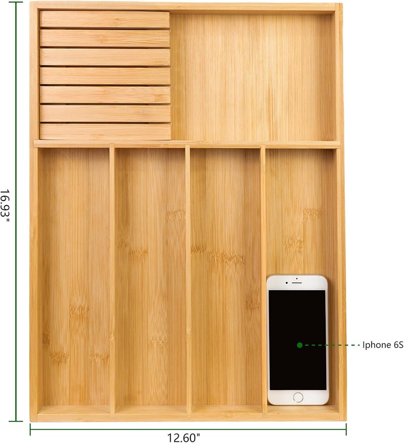 VaeFae Bamboo Silverware Organizer, Utensil Holder for Drawer, Wooden Cutlery Tray with Divider for Kitchen, Flatware Storage and Removable Knife Block, 13 x 17 inches - Image 3