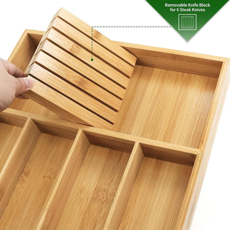 VaeFae Bamboo Silverware Organizer, Utensil Holder for Drawer, Wooden Cutlery Tray with Divider for Kitchen, Flatware Storage and Removable Knife Block, 13 x 17 inches - Image 4