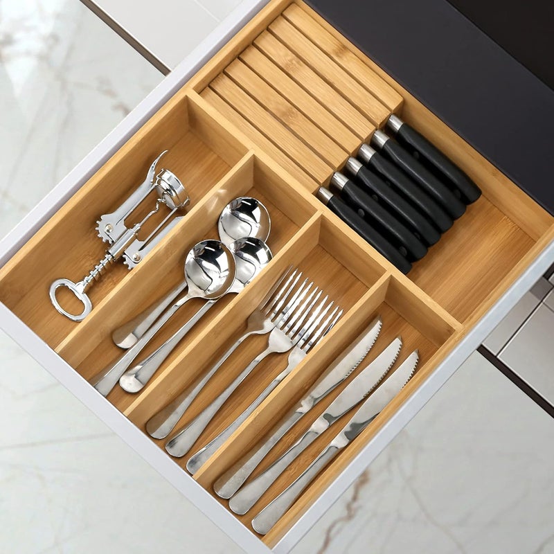 VaeFae Bamboo Silverware Organizer, Utensil Holder for Drawer, Wooden Cutlery Tray with Divider for Kitchen, Flatware Storage and Removable Knife Block, 13 x 17 inches - Image 2