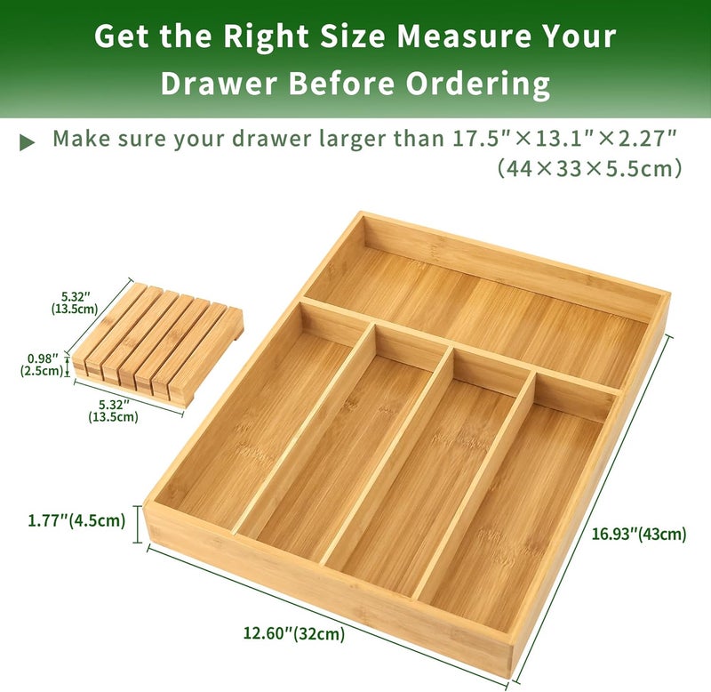 VaeFae Bamboo Silverware Organizer, Utensil Holder for Drawer, Wooden Cutlery Tray with Divider for Kitchen, Flatware Storage and Removable Knife Block, 13 x 17 inches - Image 5