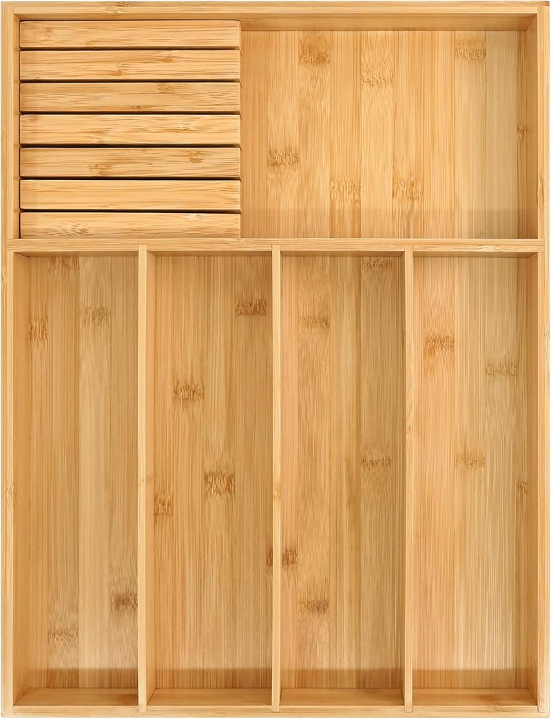VaeFae Bamboo Silverware Organizer, Utensil Holder for Drawer, Wooden Cutlery Tray with Divider for Kitchen, Flatware Storage and Removable Knife Block, 13 x 17 inches - Image 1