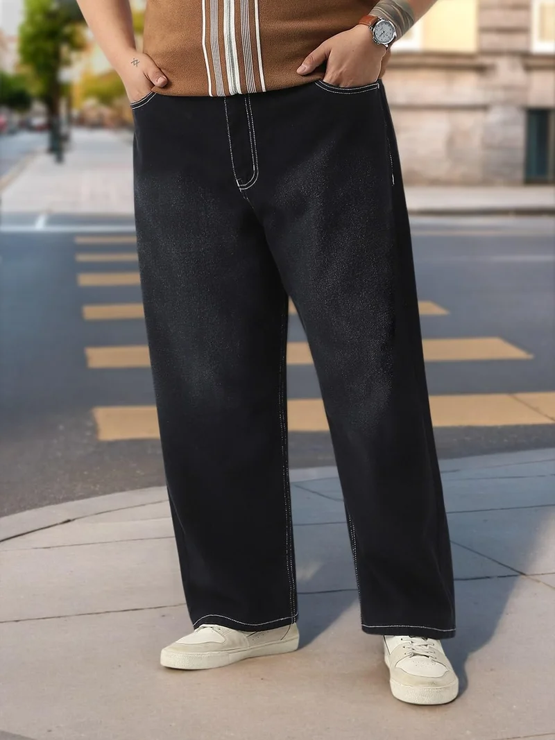 Urbano Plus Men's Black Loose Baggy Fit Washed Jeans Non-Stretchable