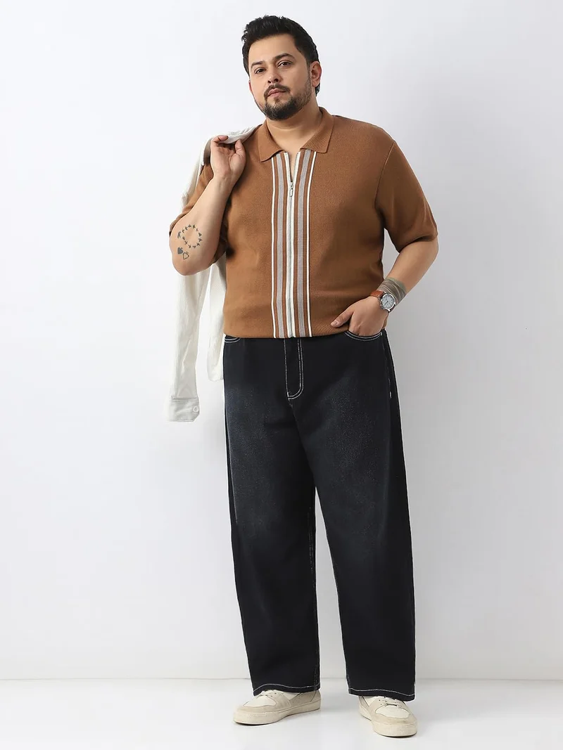 Urbano Fashion  Urbano Plus Men's Black Loose Baggy Fit Washed Jeans Non-Stretchable  | Best Price UAE