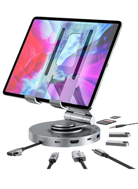 Docking Station for iPad Pro, Steam Deck, ROG Ally, 8 in 1 with 4K@60Hz HDMI SD TF 4.0 Reader,Gigabit Ethernet RJ45 100W PD,Audio,USB A,USB C Rotatable Folding Type-C Tablet Stand Holder